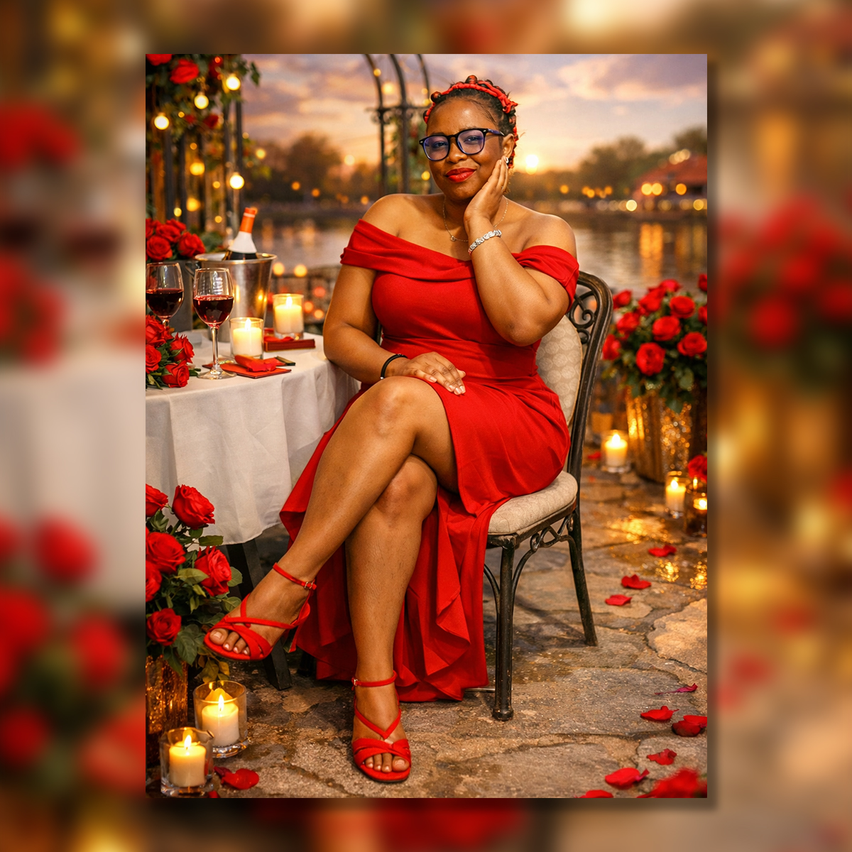 Nene in a red dress smiling